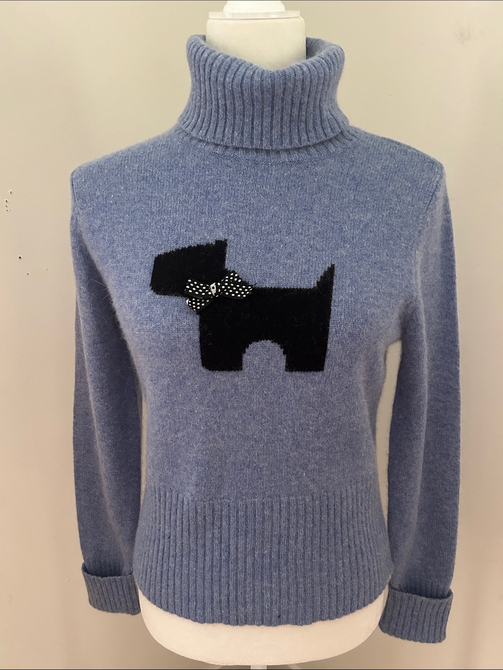 Alexandra Bartlett Blue Wool Turtleneck Sweater with Black Scottie Dog Sz S